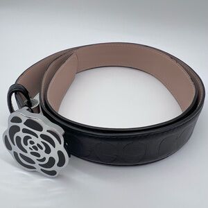 Coach Black & Blush Reversible Leather Belt with Floral Buckle- 40”